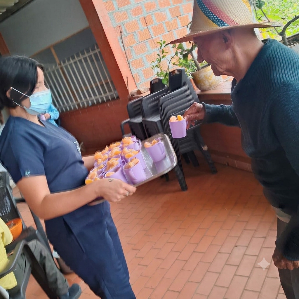 Cuidadora del equipo de FHAMN compartiendo con un residente